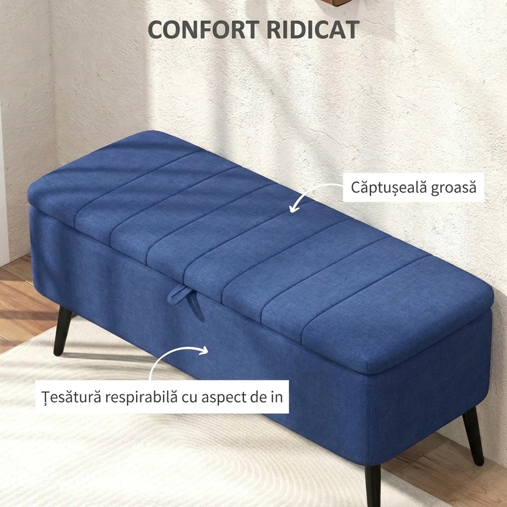 HOMCOM Bancă de depozitare 40", tapițată din material textil cu picioare din oțel pentru Living sau Dormitor, Albastru Închis | Aosom Romania