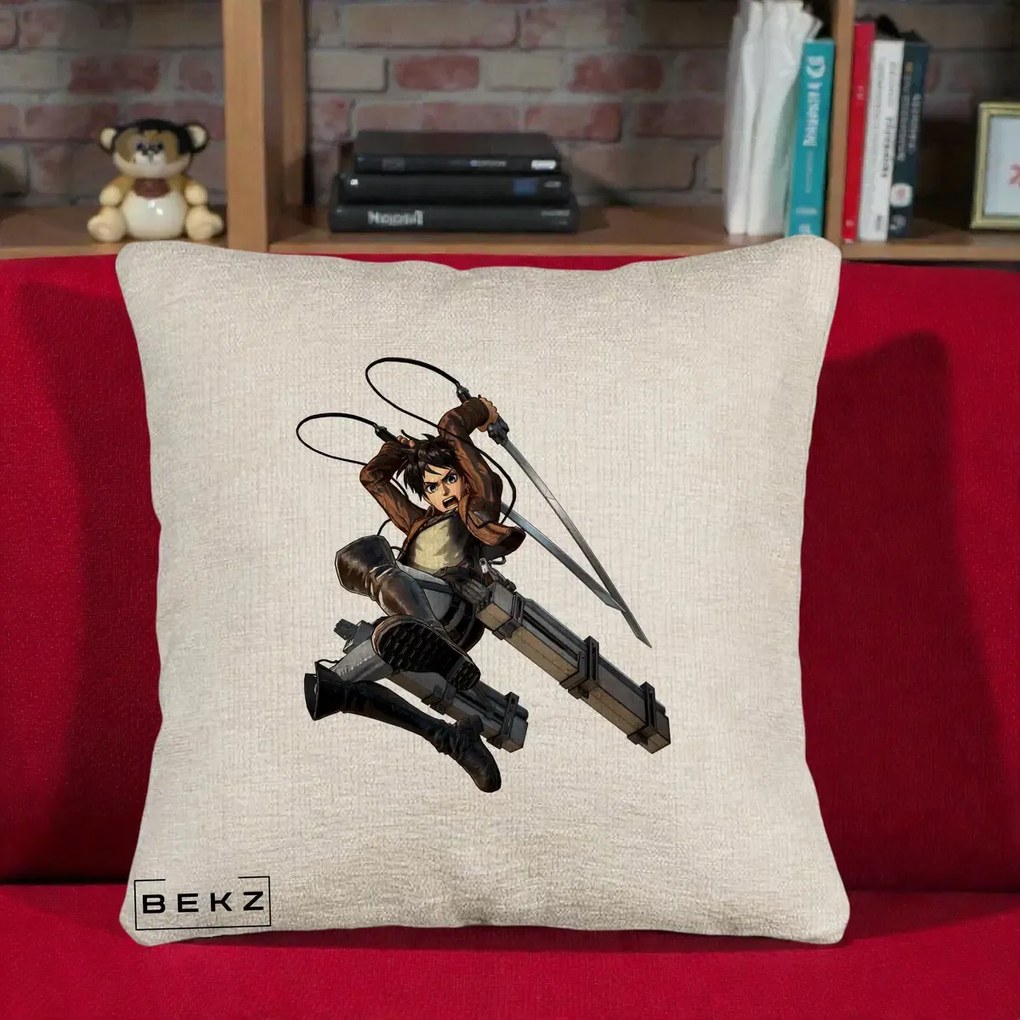 Perna Personalizata Attack on Titan Eren Yeager Lupta, 40x40 cm, Bej Canapea, Husa Detasabila, Perna Inclusa, BEKZ®