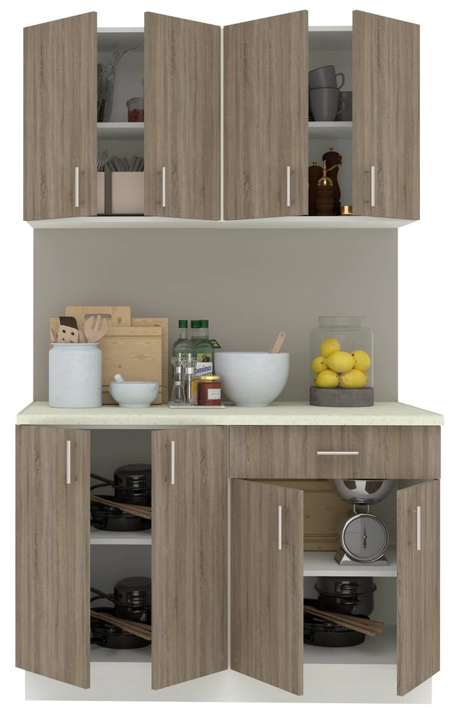 Set Bucatarie Karo V2, Stejar Sonoma Inchis/Alb, Blat Thermo 28 mm, L 120 cm