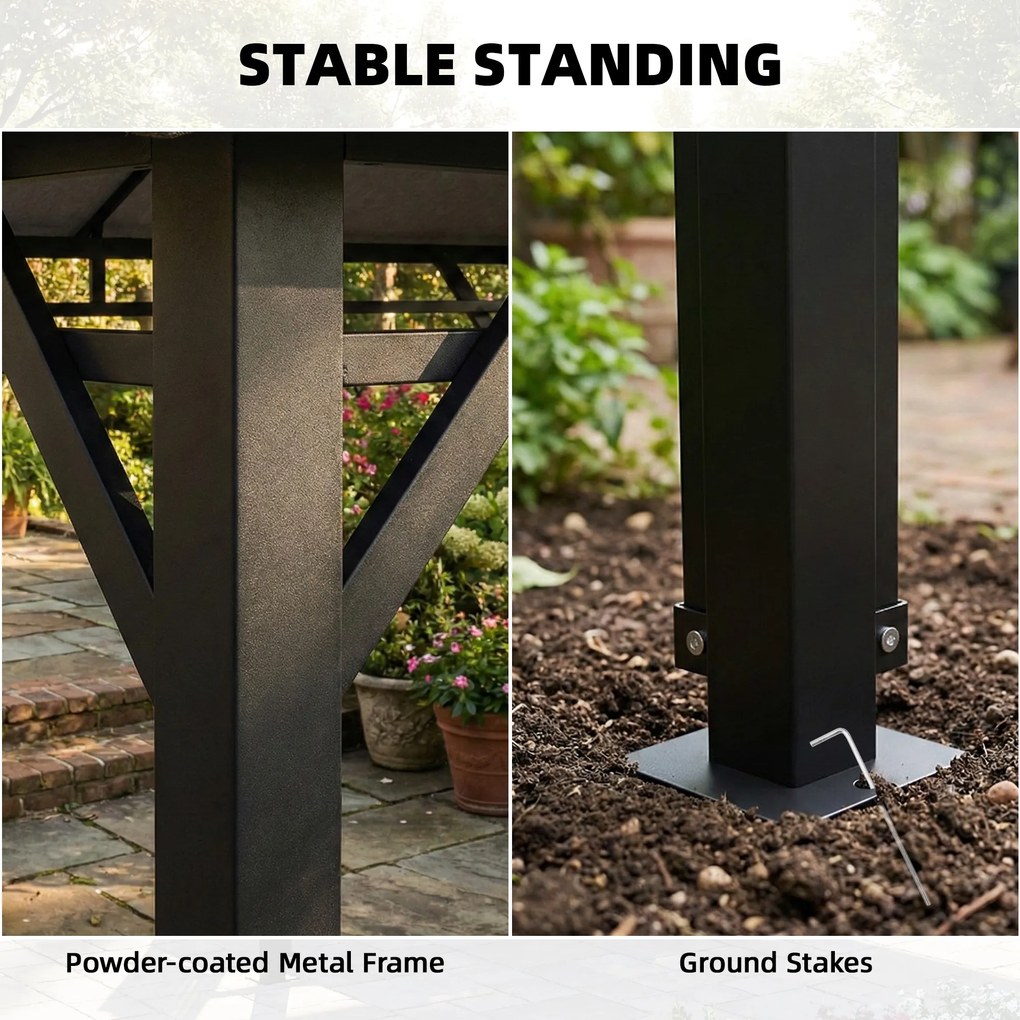 Outsunny Foișor de Grădină 4x3 m cu Perdele Laterale Rulante, Foișor Exterior cu 8 Orificii de Drenaj, Acoperiș Dublu și Structură Metalică, pentru Grădină, Balcon, Petreceri, Curte, Terasă, Gri Închis | Aosom Romania