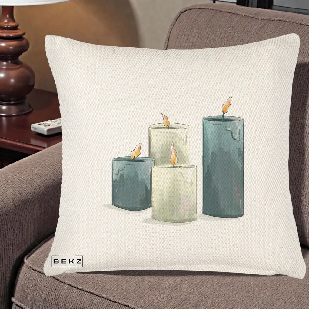 Perna Decorativa Lumanari Hygge Alb-Verde, 40x40 cm, Crem Reliefat, Husa Detasabila, Perna Inclusa, BEKZ®