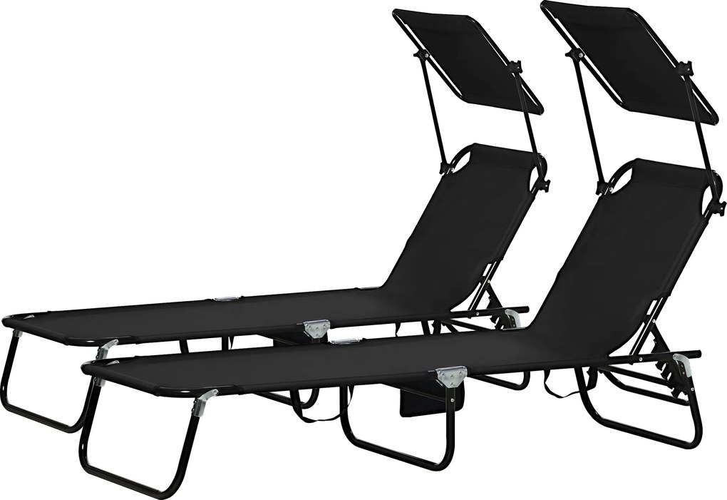 Outsunny Set de 2 șezlonguri pliabile cu copertină, spătar reglabil în 5 trepte, Negru | Aosom Romania