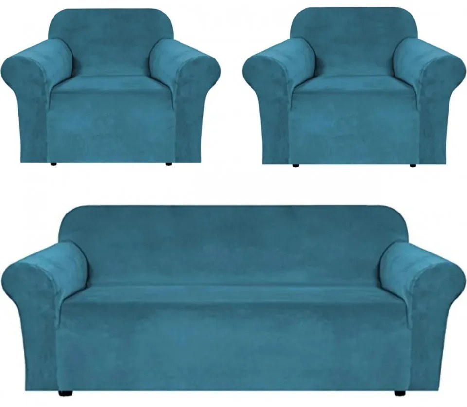 Set huse elastice din catifea pentru canapea 3 locuri + 2 fotolii, cu brate, turquoise, HCCJS-05