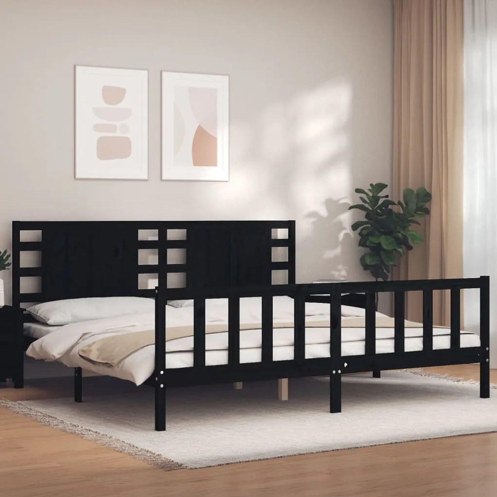 vidaXL Cadru pat cu tăblie 200x200 cm, negru, lemn masiv