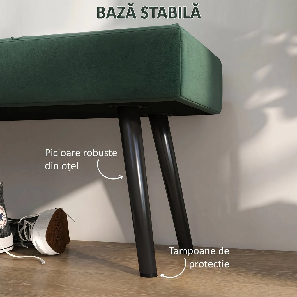 HOMCOM Bancă pentru Capătul Patului, Bancă cu Picioare din Oțel și Țesătură cu Efect de Catifea, 100x36x45 cm, Verde | Aosom Romania