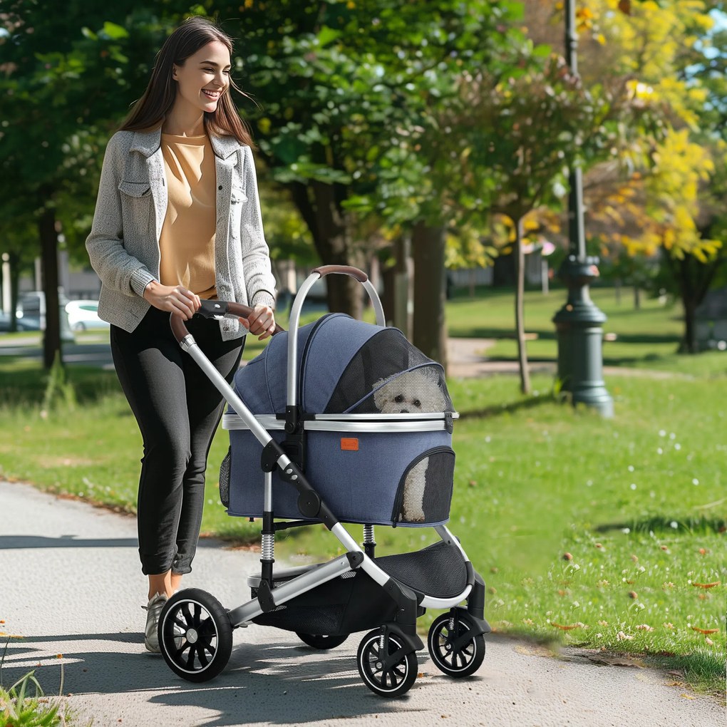 PawHut Cărucior pentru câini 3 in 1 Hundebuggy pliabil pentru pisici până la 10 kg Cărucior pentru pisici cu pernă, suport pentru pahar Albastru închis | Aosom Romania