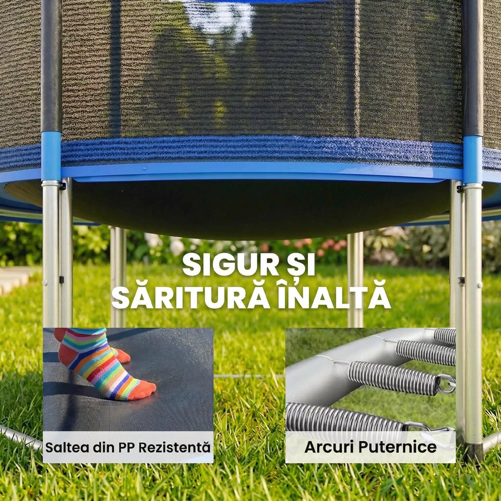 SPORTNOW Trambulină Elastică pentru Adulți Ø244cm, Covor Elastic pentru Adulți cu Plasă de Protecție, Scară cu 2 Trepte, Protecție pentru Arcuri, Structură din Oțel, Capacitate 100kg, Albastru | Aosom Romania