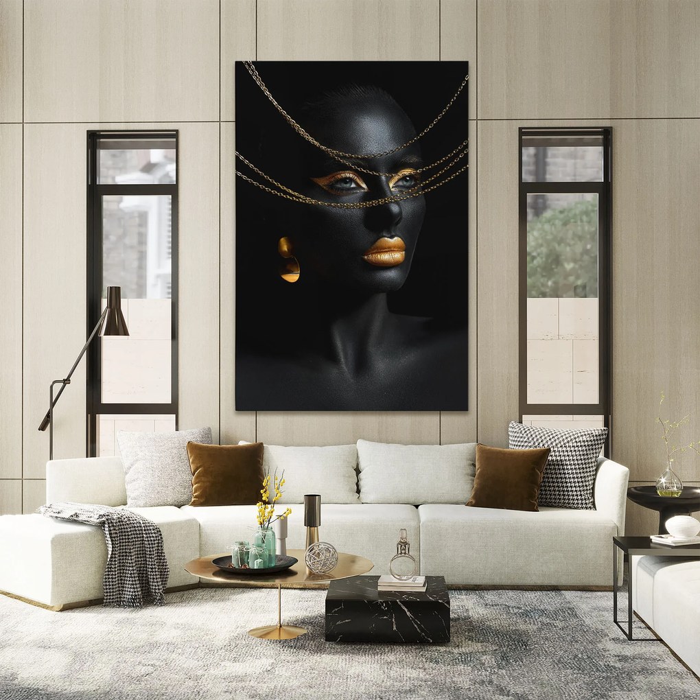 Tablou Canvas, 50x70cm, Dormitor si Living, Femei, Black and Gold, Gold Chain Woman