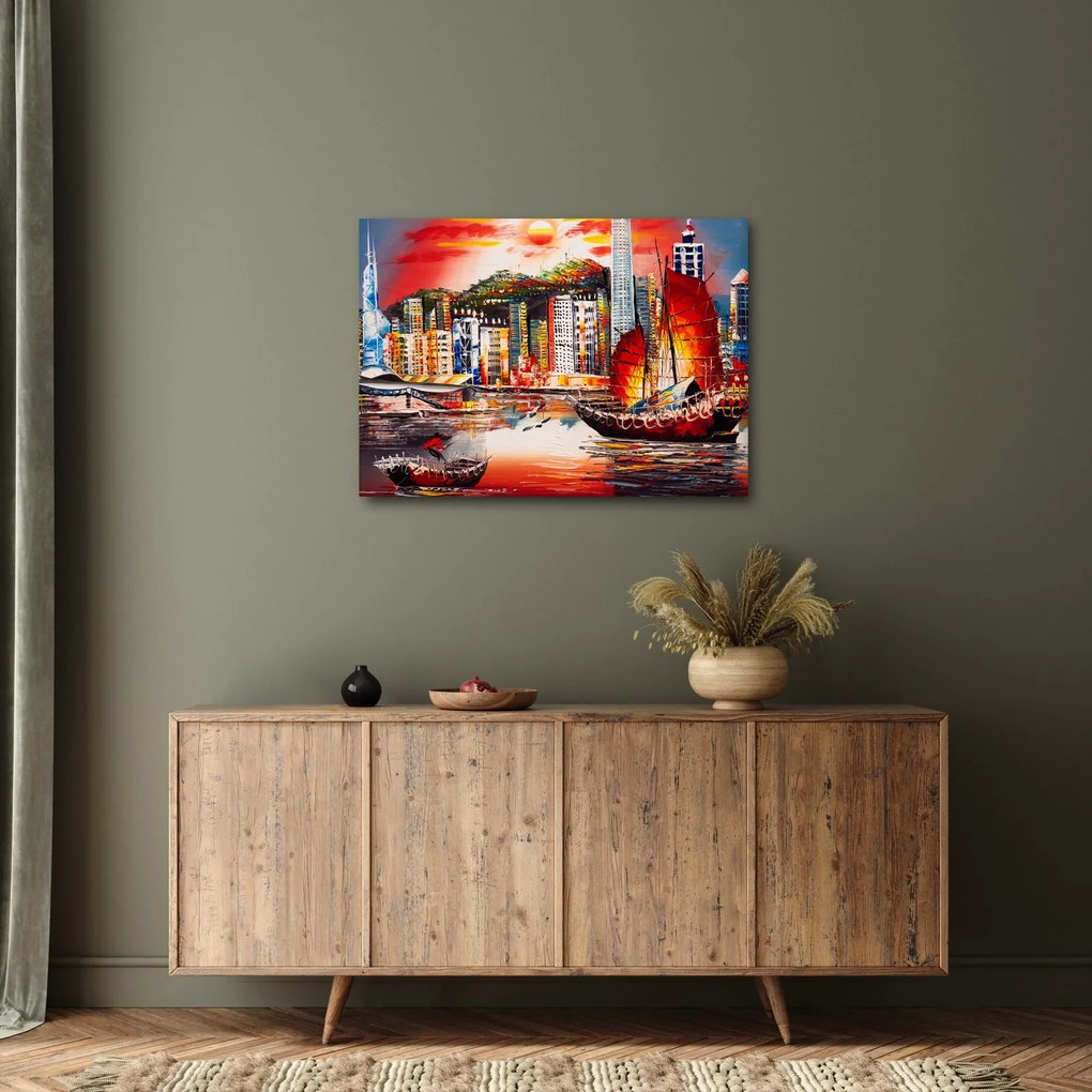 Tablou - Victoria Harbour, Hong Kong, pictură în ulei (70x50 cm)