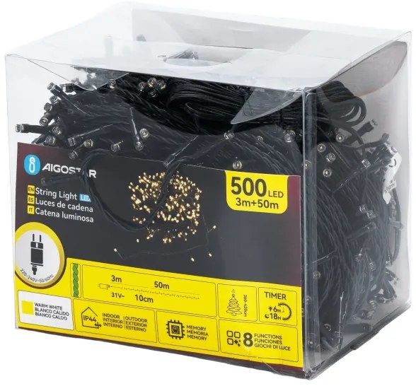 Aigostar - Ghirlandă LED de exterior 50 m, 500 LED, 6 W, 230 V, IP44, alb cald