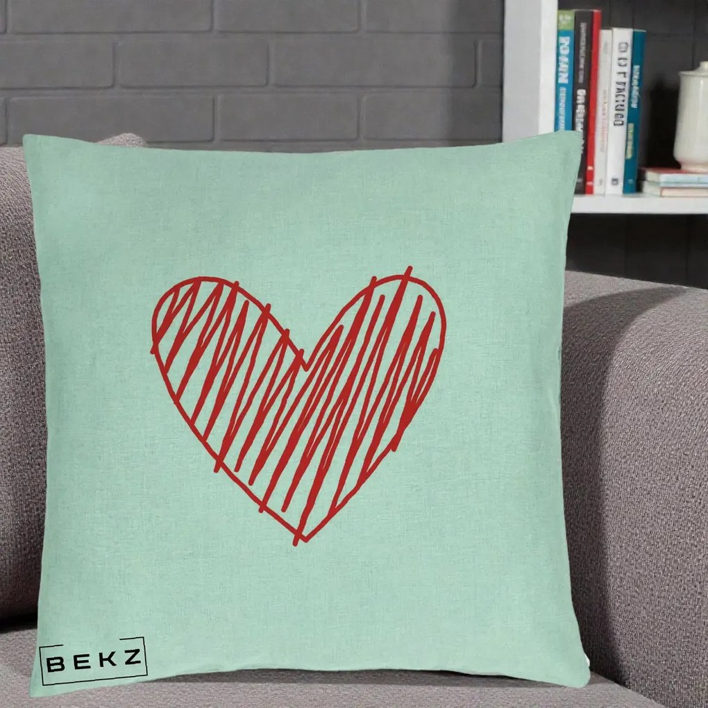 Perna Decorativa Inima Rosie Desen Manual, 40x40 cm, Verde Menta, Husa Detasabila, Perna Inclusa, BEKZ®