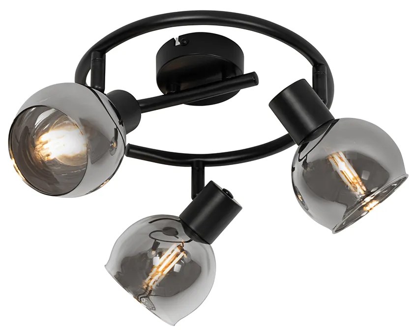 Plafonieră Art Deco neagră cu sticlă fumurie cu 3 lumini rotundă - Vidro