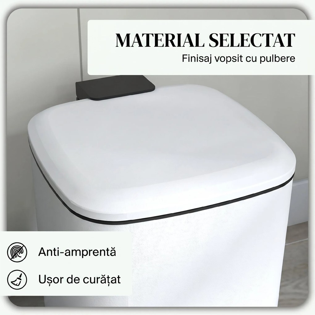 HOMCOM Coș de Gunoi de 12L cu Pedală, Închidere Silențioasă, din Metal și Plastic PP, 24,5x32x34,5 cm, Alb | Aosom Romania