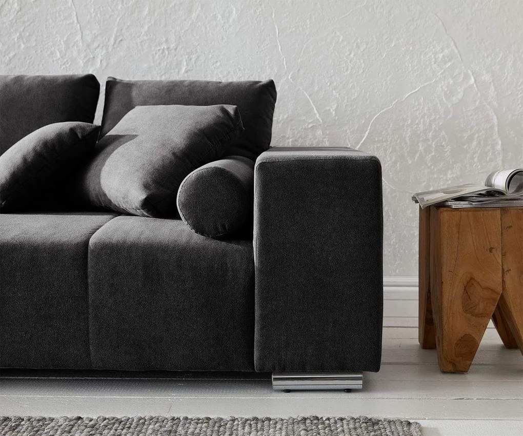 Canapea extensibilă dumonde cu ladă de depozitare si sezut confortabil din spuma high-density, Marbela Enjoy Black XXL 295x100 cm cu taburet inclus