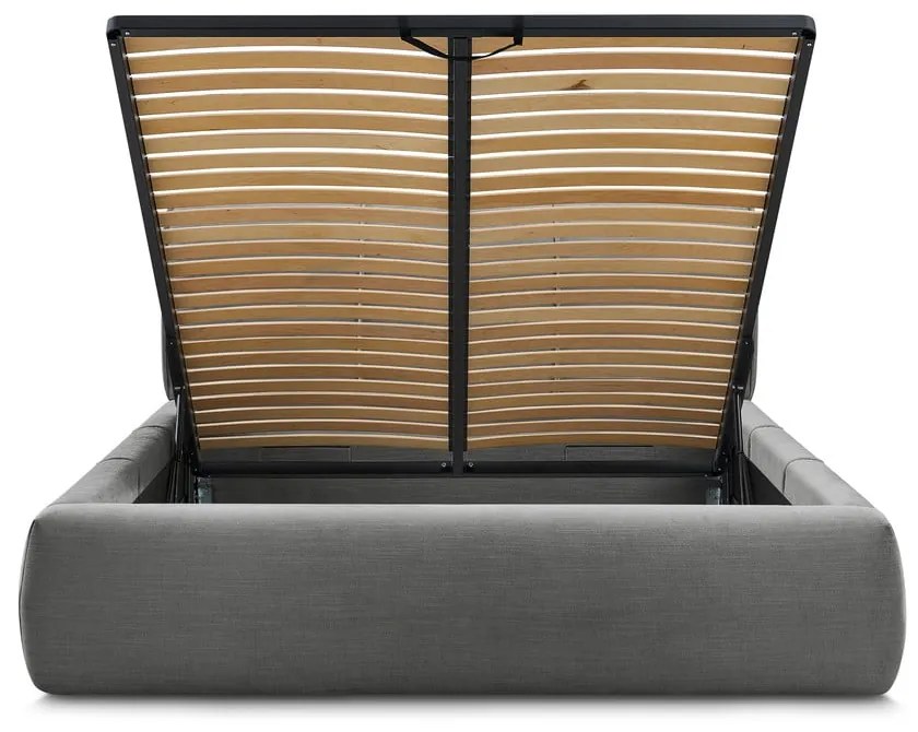 Pat matrimonial gri tapițat cu spațiu de depozitare și somieră 160x200 cm Vernon – Bobochic Paris