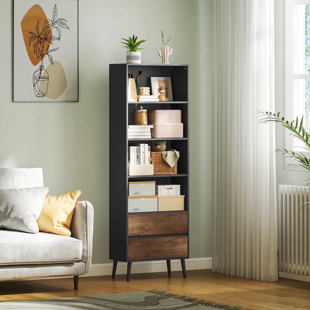 HOMCOM Bibliotecă mobilier de depozitare cu 4 compartimente deschise și 2 sertare, 60 x 30 x 179 cm, gri | Aosom Romania