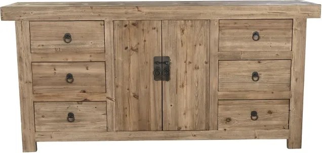 Bufet rustic din lemn reciclat, natur, cu 2 uși, 6 sertare și încuietoare cu cheie, 85 x 180 x 45 cm, „Étable”