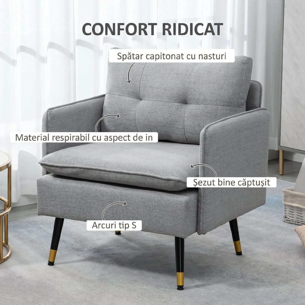HOMCOM Fotoliu Tapițat din Material Textil cu Pernițe Umplute, Canapea Modernă cu Picioare din Oțel, 76x68x80 cm, Gri