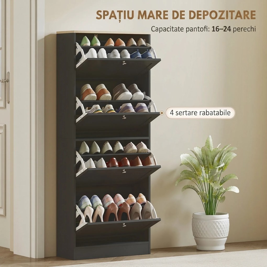 HOMCOM Pantofar Compact cu 4 Sertare și Rafturi Reglabile pe 2 Niveluri, 60 x 23,5 x 153,3 cm, Negru | Aosom Romania