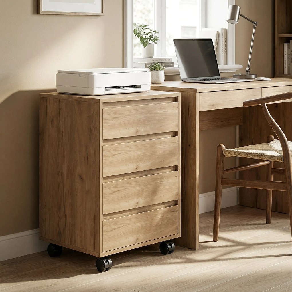 HOMCOM Sertarier de birou cu 4 sertare, cu roți pentru birou 46x40x65 cm Maro | Aosom Romania