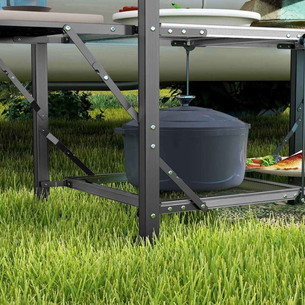 Outsunny Masă de bucătărie de camping pliantă, oţel și aluminiu, sac de transport, 2 rafturi, 2 rafturi și suporturi pentru pahare | Aosom Romania