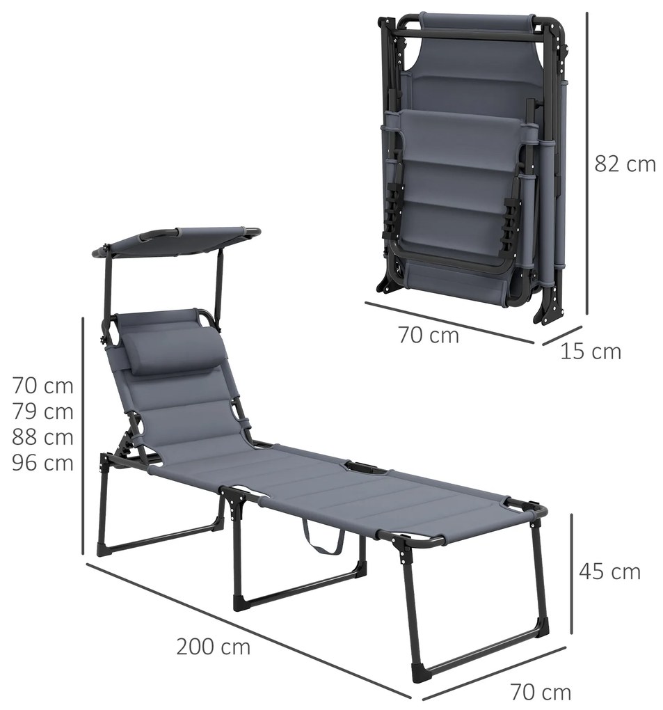 Outsunny Sezlong pentru exterior, Sezlong pliabil reglabil cu spatar cu 4 pozitii, parasolar, tetiera, cu cadru metalic