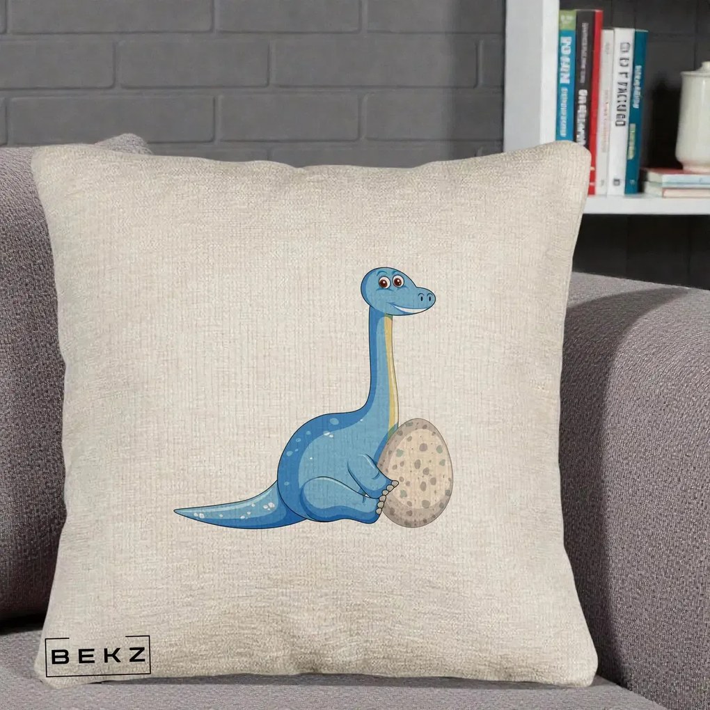 Perna Decorativa Brontosaur cu Ou, 40x40 cm, Bej Canapea, Husa Detasabila, Perna Inclusa, BEKZ®