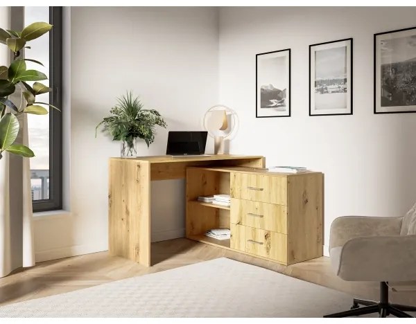 Birou JULES cu sertare și colț universal, configurabil stânga/dreapta, stejar Artisan