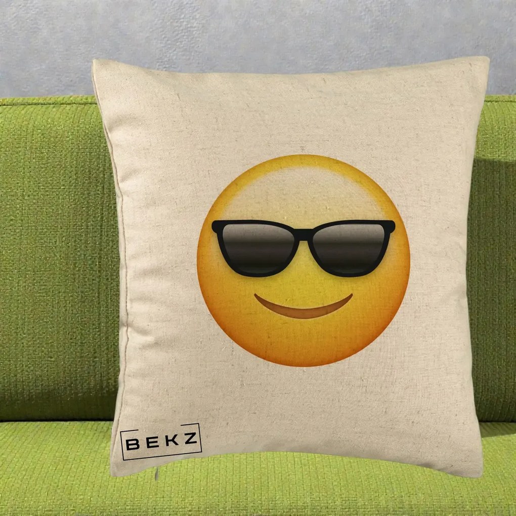Perna Decorativa Emoji Cool Ochelari, 40x40 cm, Bej, Husa Detasabila, Perna Inclusa, BEKZ®