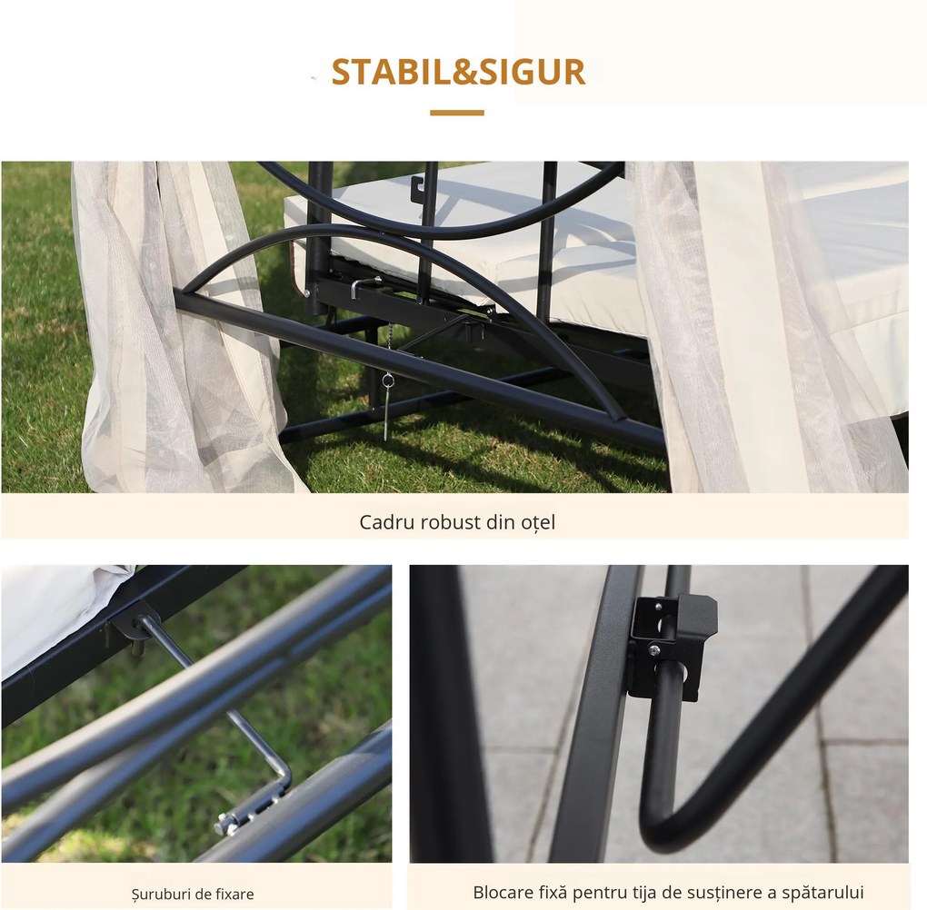 Foisor cu Canapea 3 Locuri și 5 perne, Plasa Tantari, cadru din otel, Bej 232x149x245cm Outsunny | Aosom Romania
