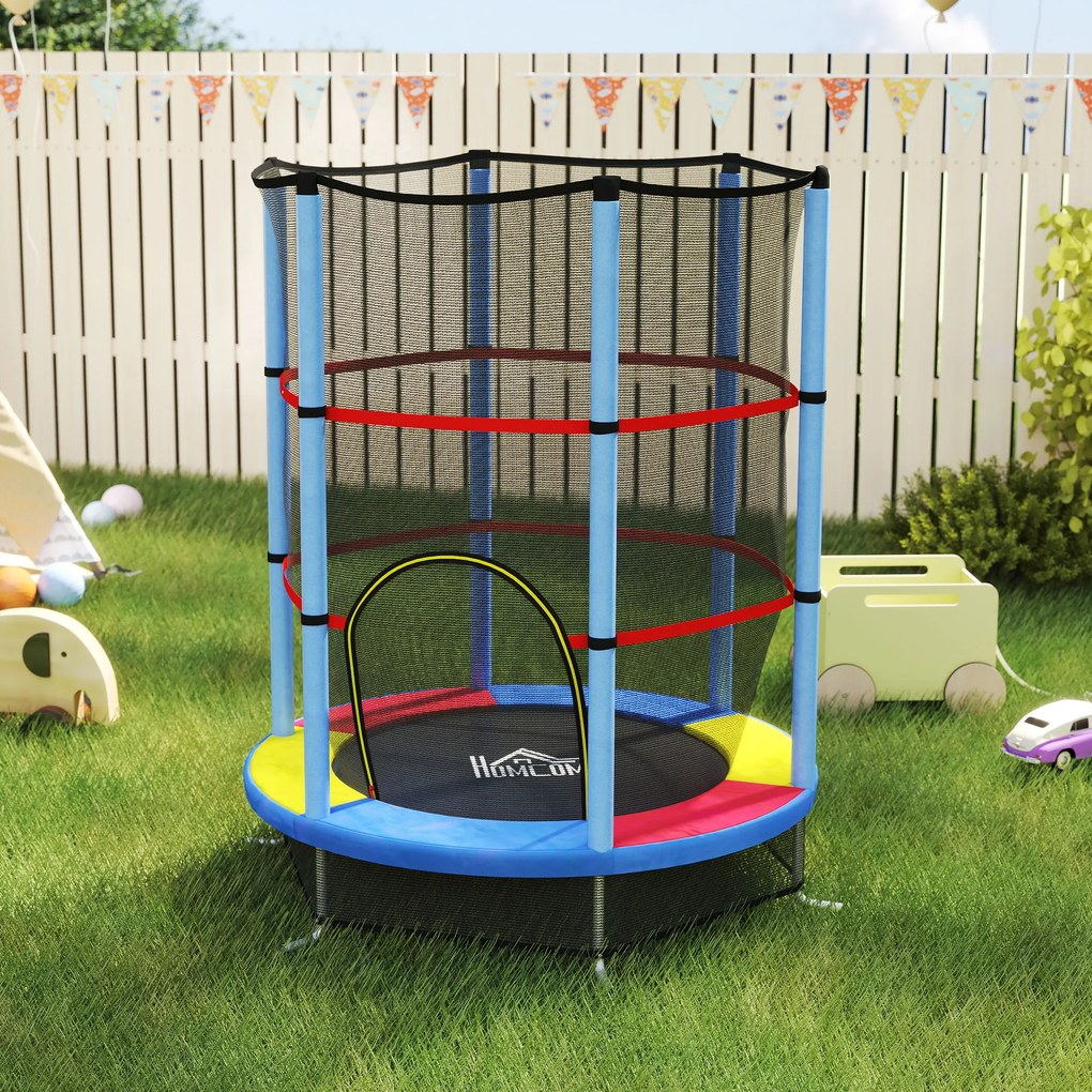 HOMCOM Saltea Elastică pentru Copii 3-6 Ani cu Plasă de Protecție, 6 Stâlpi și 3 Intrări, Ø140x190 cm, Multicolor | Aosom Romania