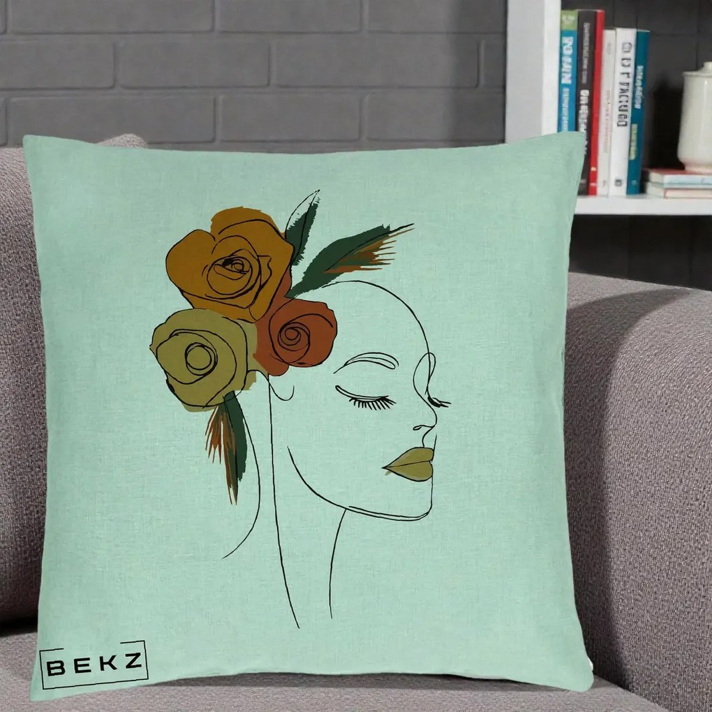 Perna Decorativa Portret Feminin Trandafiri Ruginii, 40x40 cm, Verde Menta, Husa Detasabila, Perna Inclusa, BEKZ®