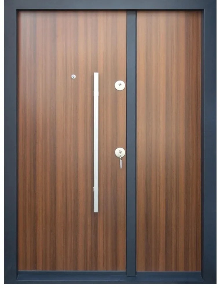 Usa metalica dubla de exterior cu izolatie si vizor Novo Doors NDS1200, Din compozit, 2 yale, Kit complet, Pentru case, Gri antracit (Culoare: Stejar