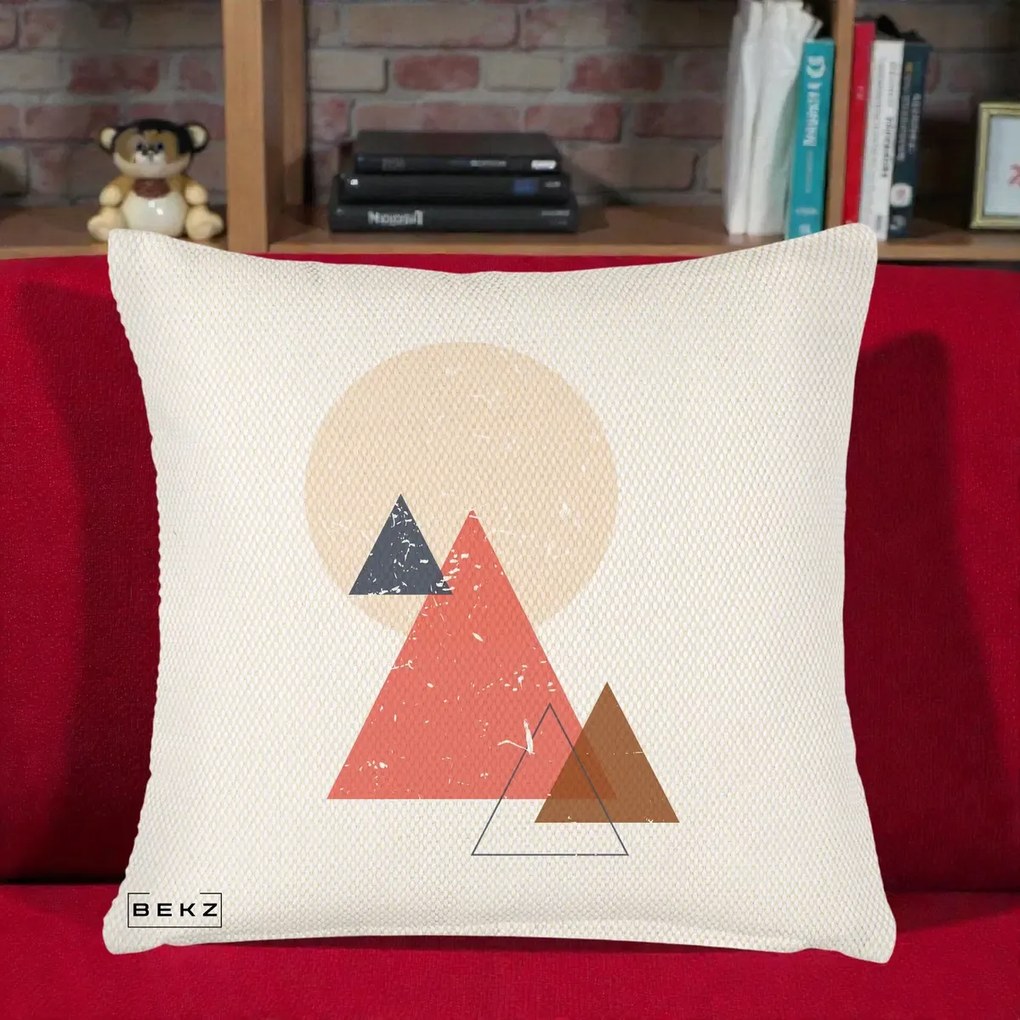 Perna Decorativa Geometric Munti si Soare, 40x40 cm, Crem Reliefat, Husa Detasabila, Perna Inclusa, BEKZ®