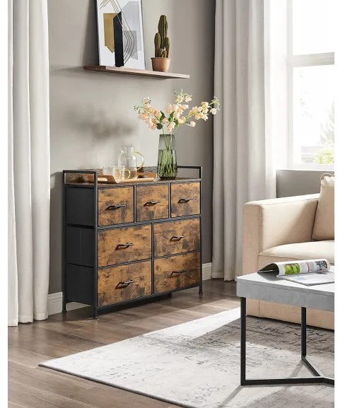 Comoda Cu 7 Sertare, Maro Rustic Și Negru, 98 Cm