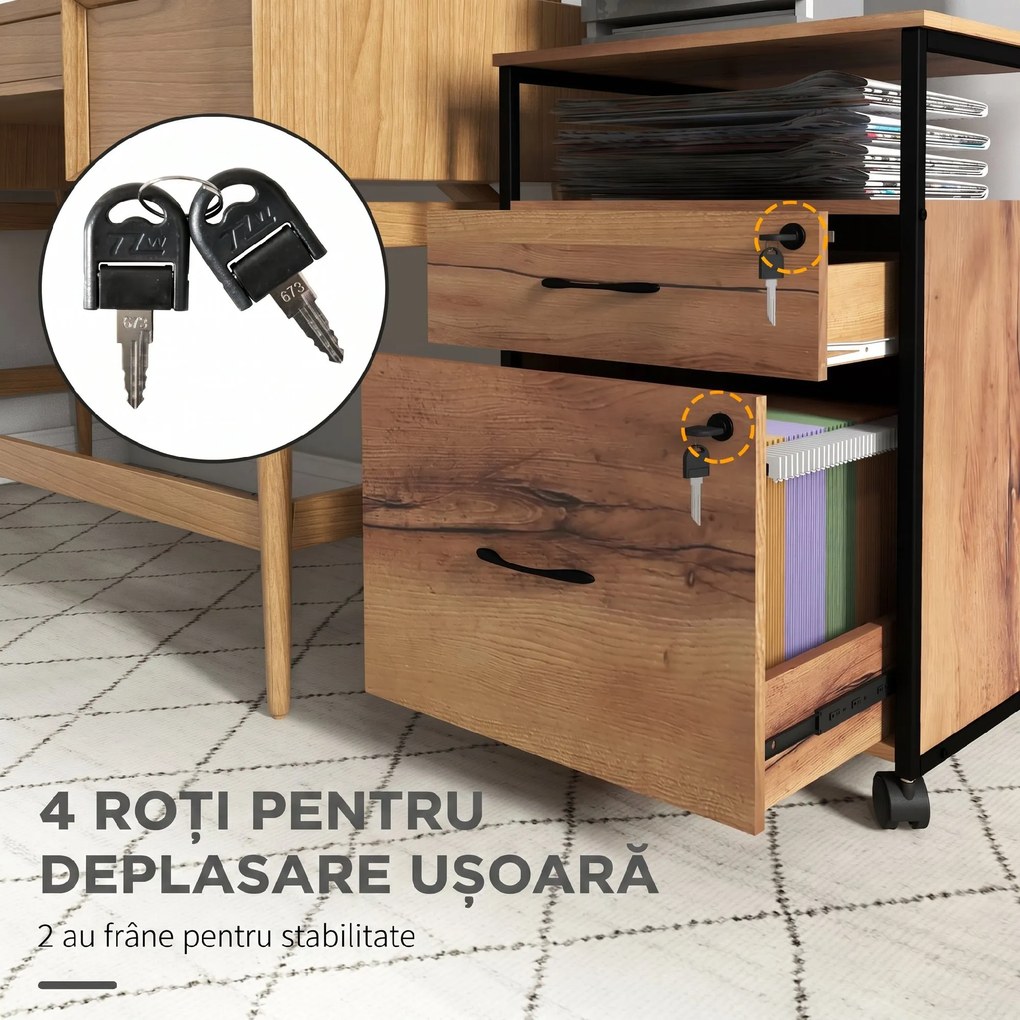 Vinsetto Dulap Sertare Birou, 2 Sertare cu Încuietoare, Roți, 44x40x66,5 cm, Maro Rustic | Aosom Romania