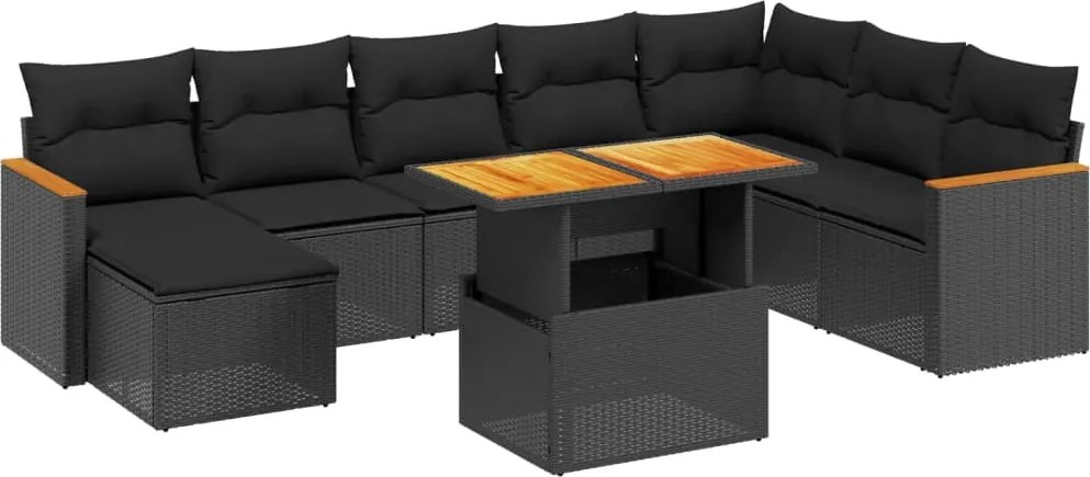vidaXL Set mobilier de grădină cu perne, 9 piese, negru, poliratan