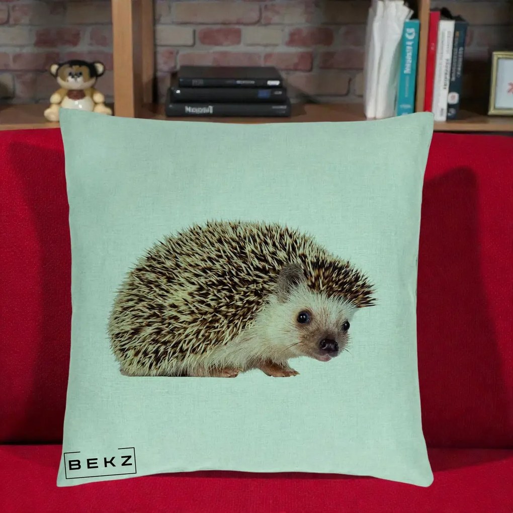 Perna Decorativa Arici Fotorealist, 40x40 cm, Verde Menta, Husa Detasabila, Perna Inclusa, BEKZ®