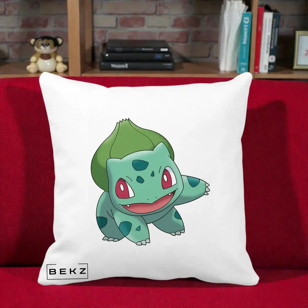 Perna Personalizata Bulbasaur Pokemon, 40x40 cm, Alba Mata, Husa Detasabila, Perna Inclusa, BEKZ®