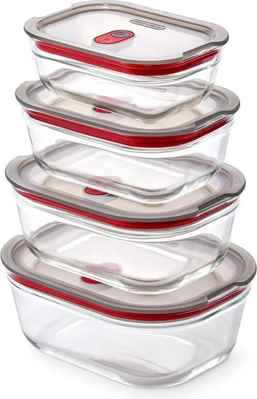 Set de 4 cutii pentru alimente Black+Blum Stack+Nest FBGR-BX-PACK4, 0,38/0,6/0,9/1,2 l, dreptunghiulare, potrivite pentru cuptor, fără BPA, oțel inoxidabil, gri/roșu
