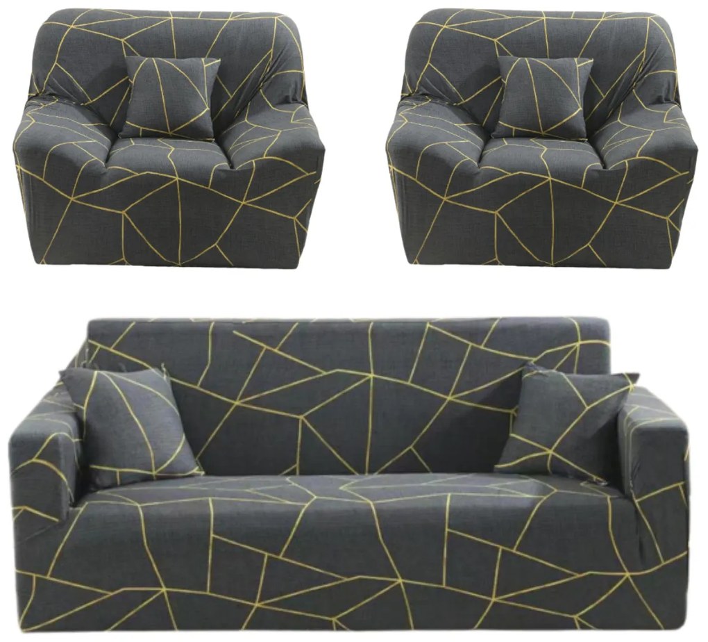 Set huse elastice pentru canapea 3 locuri si 2 fotolii, cu brate, spandex, gri antracit, HES-79