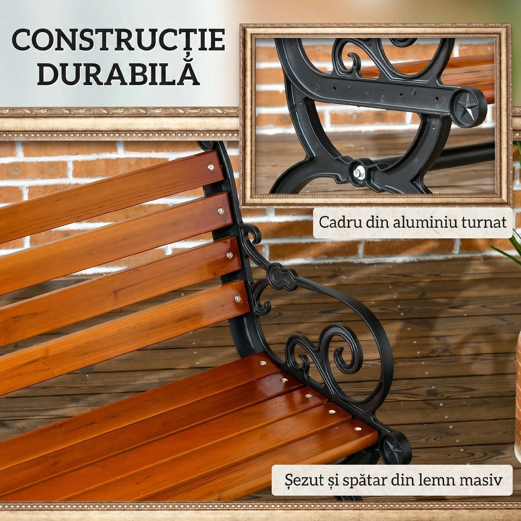Outsunny Bancă de Exterior cu Cadru din Aluminiu, Scaun cu Două Locuri cu Cotieră Curbată, Șezut și Spătar din Lemn, 120x64x79 cm, Tec | Aosom Romania