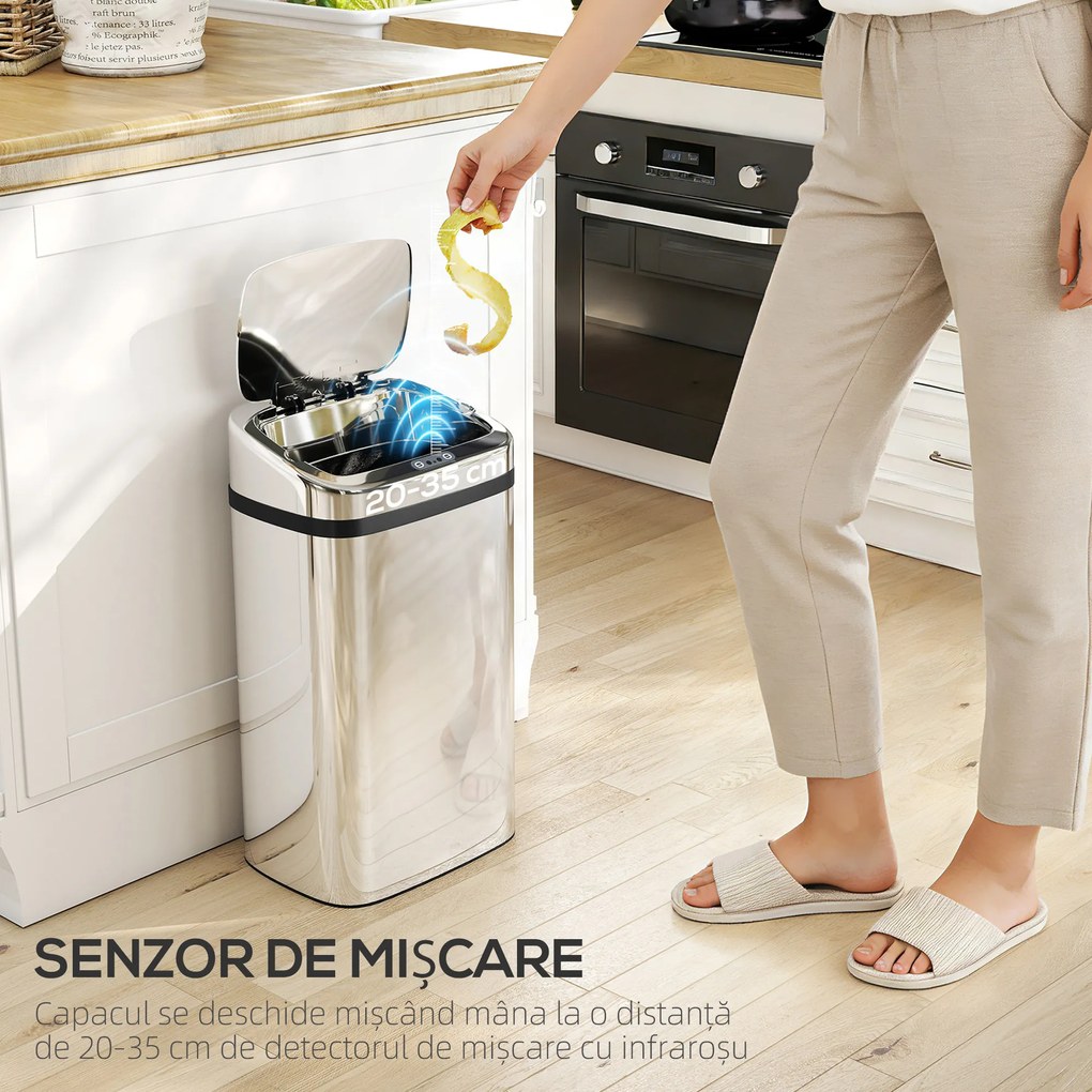 HOMCOM Cos de gunoi cu senzor 50L inox elegant | Aosom Romania
