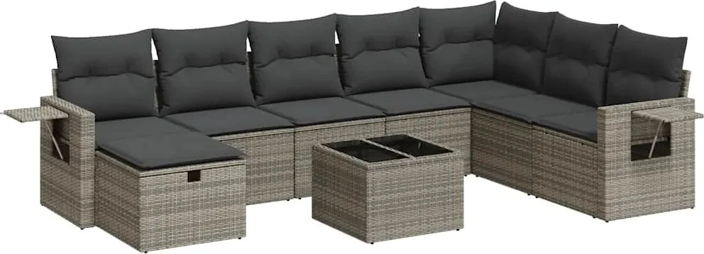 vidaXL Set canapele de grădină, 9 piese, cu perne, gri, poliratan