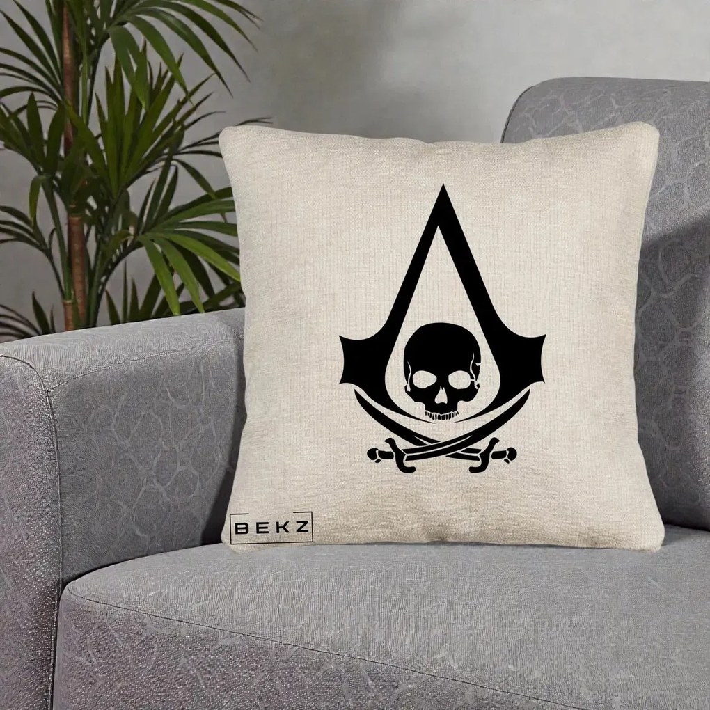Perna Personalizata Assassin's Creed Black Flag Skull, 40x40 cm, Bej Canapea, Husa Detasabila, Perna Inclusa, BEKZ®
