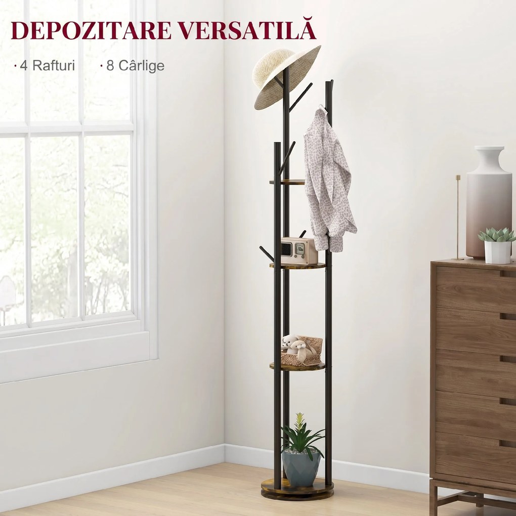 HOMCOM Suport Haine, Rotativ, cu 4 Rafturi și 8 Cârlige, stander haine pentru Hol, Dormitor, Living, 30x30x175 cm, Maro Rustic | Aosom Romania