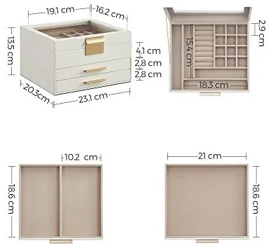 Cutie de bijuterii, Songmics, 3 straturi, 2 sertare, JBC239WT, Alb-Auriu