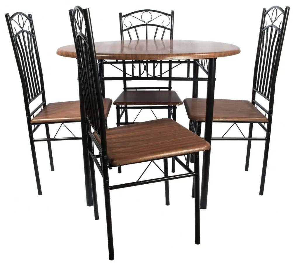 5999058332469 UnicSpot RO Set masă rotundă Olivia cu 4 scaune, cadru negru, blat nuc