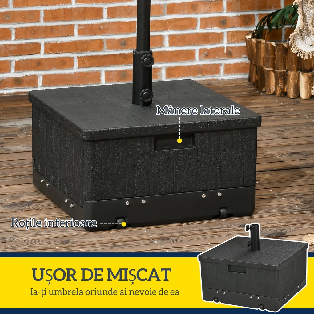 Outsunny Bază pentru Umbrelă 3-în-1 Exterior, Măsuță de Cafea, Jardinieră cu Orificiu de Scurgere, Capacitate 80 kg, Suport Umplut cu Roți și Mânere pentru Terasă și Piscină, Negru | Aosom Romania