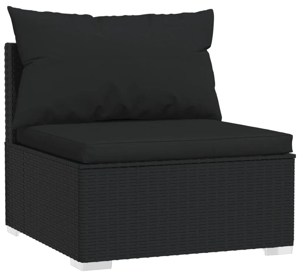 Set mobilier de gradina cu perne, 6 piese, negru, poliratan Negru, 2x colt + 2x mijloc + 2x suport pentru picioare, 1